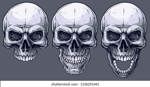 Detailed graphic realistic cool black and white human skulls. On gray background. Vector icon set.