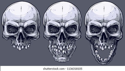 Detailed graphic realistic cool black and white human skulls with broken teeth. On gray background. Vector icon set.