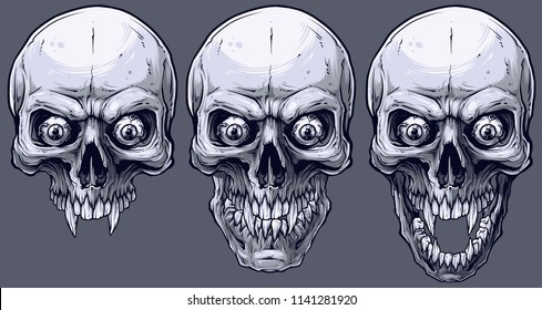 Detailed graphic realistic cool black and white human skulls with sharp canines and crazy eyes . On gray background. Vector icon set.