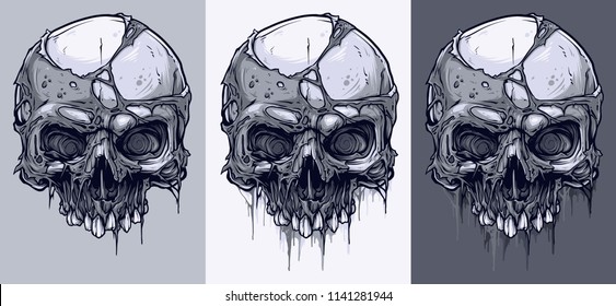Detailed graphic realistic cool black   white human skulls without lower jaw   and pieces dead skin  On gray background  Vector icon set 