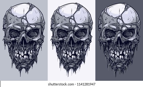 Detailed graphic realistic cool black and white human skulls with horrible pieces of dead skin and broken teeth. On gray background. Vector icon set.