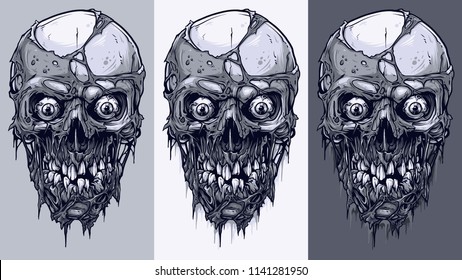 Detailed graphic realistic cool black and white human skulls with horrible pieces of dead skin, eyes and broken teeth. On gray background. Vector icon set.