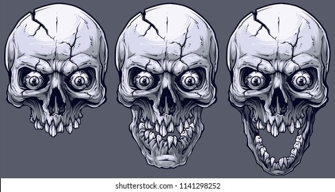 Detailed graphic realistic cool black and white human skulls with crack, crazy eyes and broken teeth. On gray background. Vector icon set.