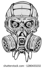 Detailed graphic realistic cool black and white human skull with protective gas mask and crazy eyes. Isolated on white background. Vector icon.