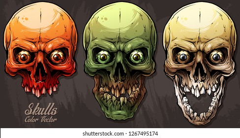 Detailed graphic realistic cool colorful human skulls with crazy eyes and broken teeth. On gray grunge background. Vector icon set.