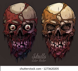 Detailed graphic realistic cool colorful human skulls with horrible pieces of dead skin, eyes and broken teeth. On gray grunge background. Vector icon set.