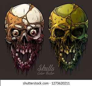 Detailed graphic realistic cool colorful human skulls with horrible pieces of dead skin, eyes, open mouth and broken teeth. On gray grunge background. Vector icon set.