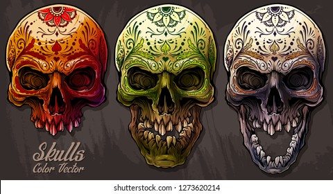 Detailed graphic realistic cool colorful human skulls with mexican tattoo floral ornament. On gray grunge background. Vector icon set.