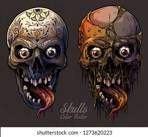 Detailed graphic realistic cool colorful human skulls with horrible long tongue and mexican tattoo floral ornament. On gray grunge background. Vector icon set.