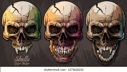 Detailed graphic realistic cool colorful human skulls with sharp canines and cracks. On gray grunge background. Vector icon set.