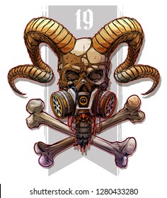 Detailed graphic realistic cool colorful human skull with protective gas mask, demon horns and crossed bones. Isolated on gray background. Vector icon.