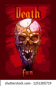 Detailed graphic realistic cool human skull with horrible pieces of dead skin, open mouth and broken teeth. On red grunge background. Vector icon. Vol. 1