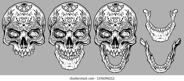 Detailed graphic realistic cool white human skulls with mexican tattoo floral ornament and lower jaws. On gray background. Vector icon set.