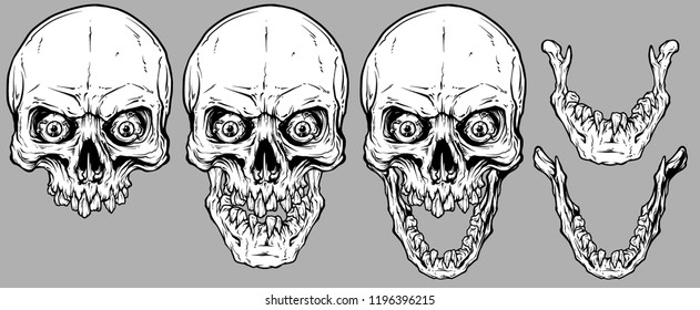 Detailed graphic realistic cool white human skulls with broken teeth, crazy eyes and lower jaws. On gray background. Vector icon set.