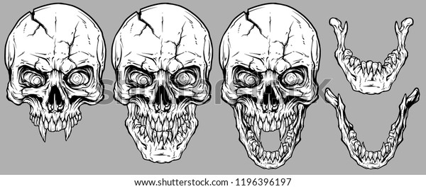 鋭いつる ひび割れ 低い顎を持つ リアルでクールな人間の頭蓋骨の詳細なグラフィックス グレイの背景に ベクター画像アイコンセット のベクター画像素材 ロイヤリティフリー
