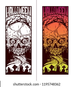 Detailed graphic realistic halloween colorful and white human skull with spooky tongue, and pieces of dead skin. On cemetery background. Vector icon set.