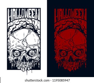 Detailed graphic realistic halloween red   white human skull without lower jaw  and pieces dead skin   eyes  Vector icon set 