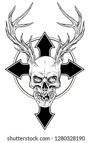 Detailed graphic realistic horrible black and white human skull with big deer horns or antlers. Isolated on white background with cross. Vector icon.