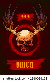 Detailed graphic realistic horrible colorful human skull with big moose horns or antlers. Isolated on red background with circle. Vector icon.