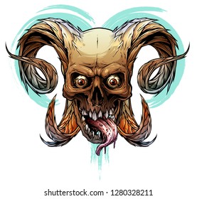 Detailed graphic realistic horrible colorful black and white human skull with big sharp deamon horns or antlers and tongue. Isolated on white background. Vector icon. Vol. 1