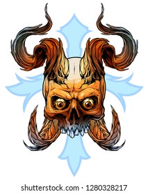 Detailed graphic realistic horrible colorful black and white human skull with big sharp deamon horns or antlers. Isolated on white background with cross. Vector icon.