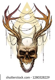 Detailed graphic realistic horrible colorful black and white human skull with big sharp deer horns or antlers. Isolated on white background. Vector icon. Vol. 1