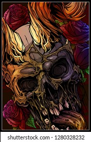 Detailed graphic realistic horrible colorful human skull with big sharp bull horns or antlers. On background with roses. Vector icon.