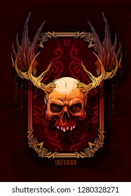 Detailed graphic realistic horrible colorful human skull with big moose horns or antlers. On dark background with hunting trophy frame. Vector icon.