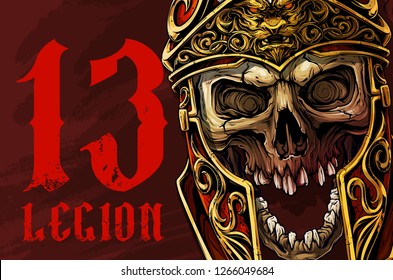 Detailed graphic realistic human skull in ancient metal roman warrior helmet with golden lion face. On red background. Vector icon.