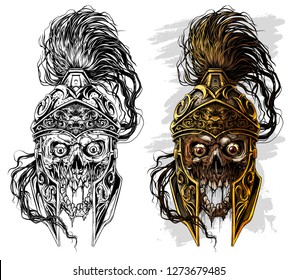 Detailed graphic realistic human skull in ancient metal ornate warrior helmet with golden lion face. On white background. Vector icon set.