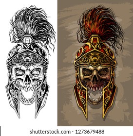 Detailed graphic realistic human skull in ancient metal ornate warrior helmet with golden lion face. On gray background. Vector icon set.