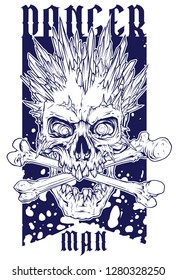 Detailed graphic realistic winter human skull with ice spikes and crossed bones. On blue grunge background. Vector icon.