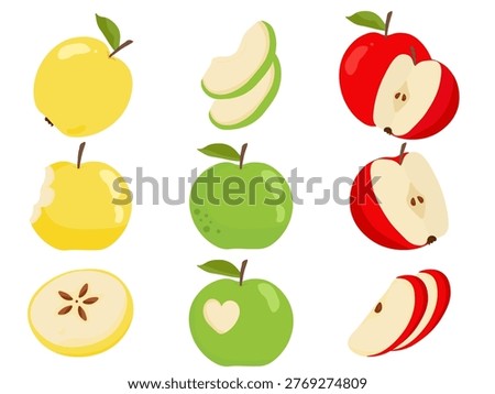 Detailed graphic set of red, green, and yellow apples presented in various forms: whole fruits, halves with seeds, and thin crescent slices. This versatile collection serves as an excellent resource for culinary blogs, nutrition infographics, and educational materials about healthy eating. Each element is isolated, providing a professional look for grocery branding, recipe books, and seasonal market posters.