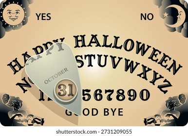 Eine detaillierte grafische Vorlage, inspiriert von einem klassischen Ouija-Brett, mit dem Alphabet, den Zahlen und traditionellen Antworten wie "JA", "NEIN" und "GUT BYE", zusammen mit einer herzförmigen Planchette, die Mystik, spirituelle Spiele und vintage okkultes Design hervorruft.