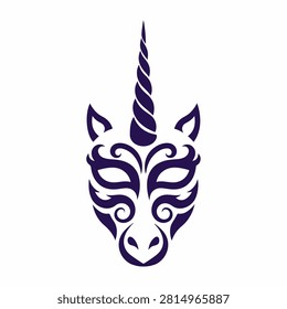 A detailed graphic of a unicorn head featuring a prominent horn, ears, and intricate facial patterns, set against a plain background.