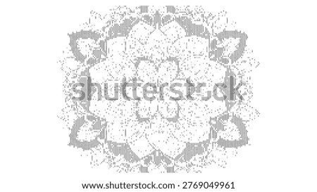 A detailed gray mandala design featuring intricate patterns and shapes on a pure white background, showcasing symmetrical and artistic elements in a visually appealing composition.