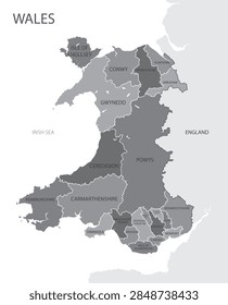 detailed gray vector map of wales with principal areas and regional administrative borders
