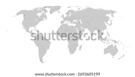 Detailed Gray World Map on White Background.
