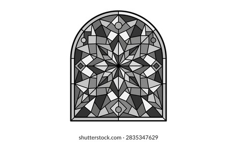 A detailed grayscale illustration of an arched window featuring a complex geometric star design with various triangular and diamond shaped glass segments