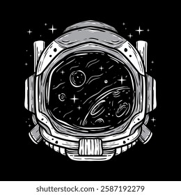 A detailed grayscale illustration depicts an astronaut helmet whose visor reflects a breathtaking view of the cosmos.