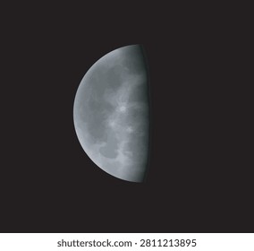 Detailed grayscale last quarter moon phase with illuminated left half isolated on black background