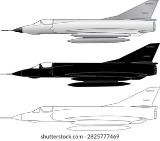 Detailed grayscale vector illustration of a Dassault Mirage fighter jet side profile, featuring drop tanks and realistic shading. Ideal for military aviation designs.
Solid black silhouette vector of a Dassault Mirage jet in profile view. Perfect for minimalist designs, icons, or military aviation stencils.
Clean, black-and-white line art outline of a Dassault Mirage fighter jet side profile. Excellent for technical drawings, coloring pages, or blueprints.