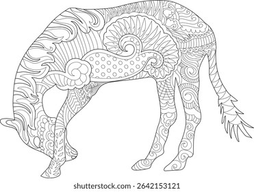 Detailed Grazing Horse Line Art, Black and white line art illustration of a horse grazing, filled with intricate, abstract patterns in a zentangle style. Perfect for adult coloring books,