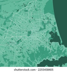 Detailed green map of Christchurch city administrative area. Royalty free vector illustration. Cityscape panorama. Decorative graphic tourist map of Christchurch territory.