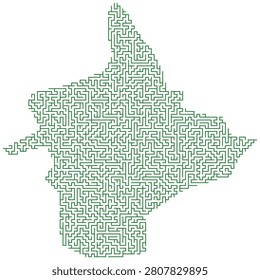 Detailed green maze design with winding paths and complex routes for brain training or logic exercises suitable for educational materials and puzzle collections.