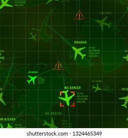 Detailed green military radar with planes traces and targets seamless pattern