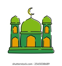 A detailed green mosque illustration, symbolizing faith and community worship.