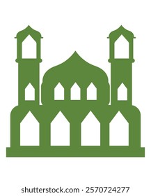 Detailed green mosque illustration with twin minarets, great for Islamic holidays and architecture designs.