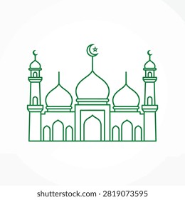 Detailed green outline of mosque architecture for cultural education and holiday cards.