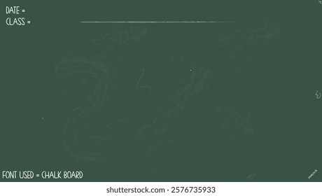 A detailed greenboard background featuring chalk smudges, realistic erasure marks, and handwritten-style text placeholders for "Date" and "Class." Perfect for educational or creative projects.